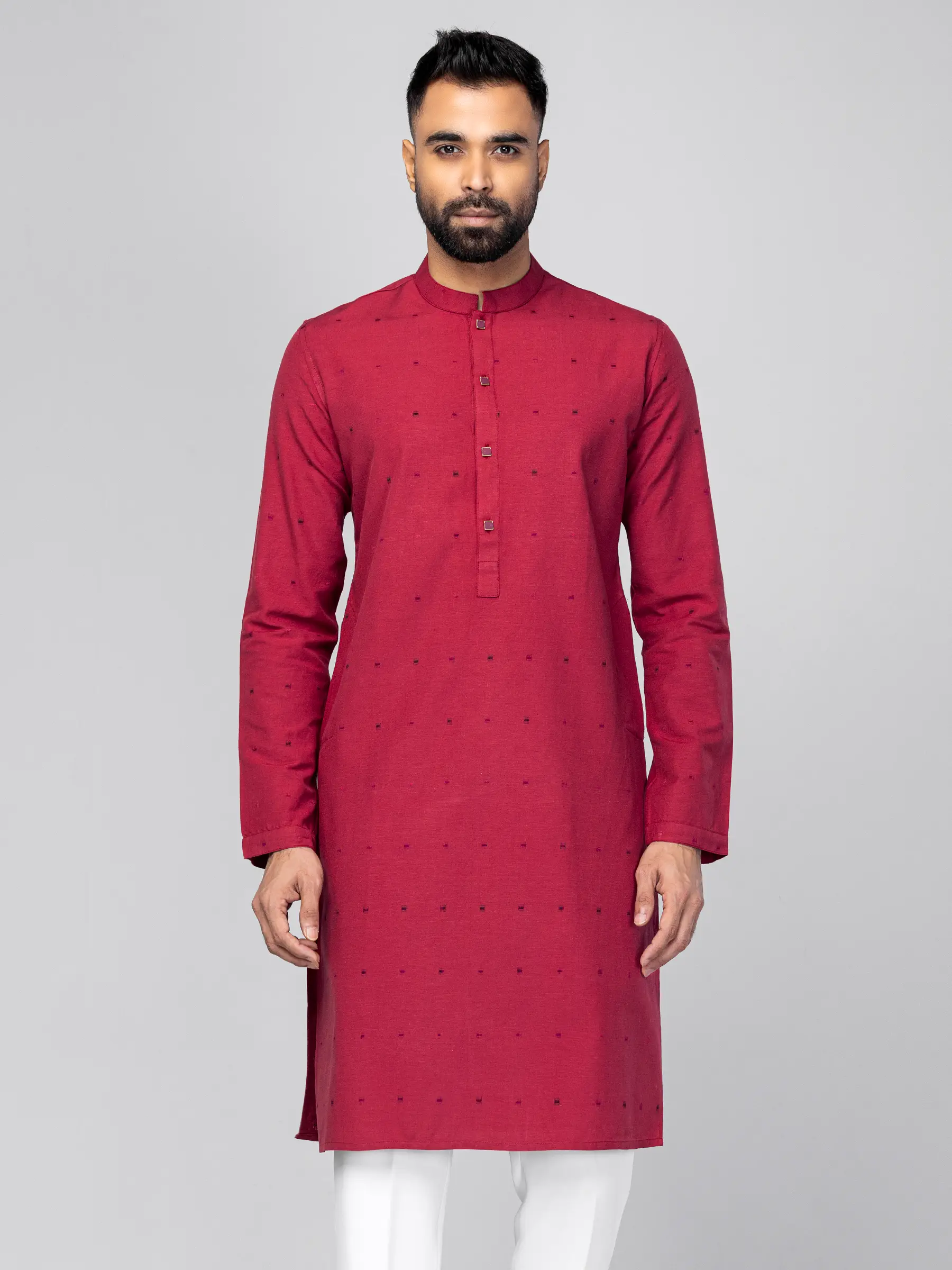 Red Embroidered Handloom Cotton Slim Fit Panjabi